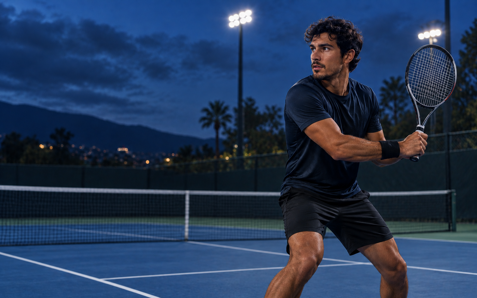 Jugador de tenis preparado para competir en una cancha nocturna